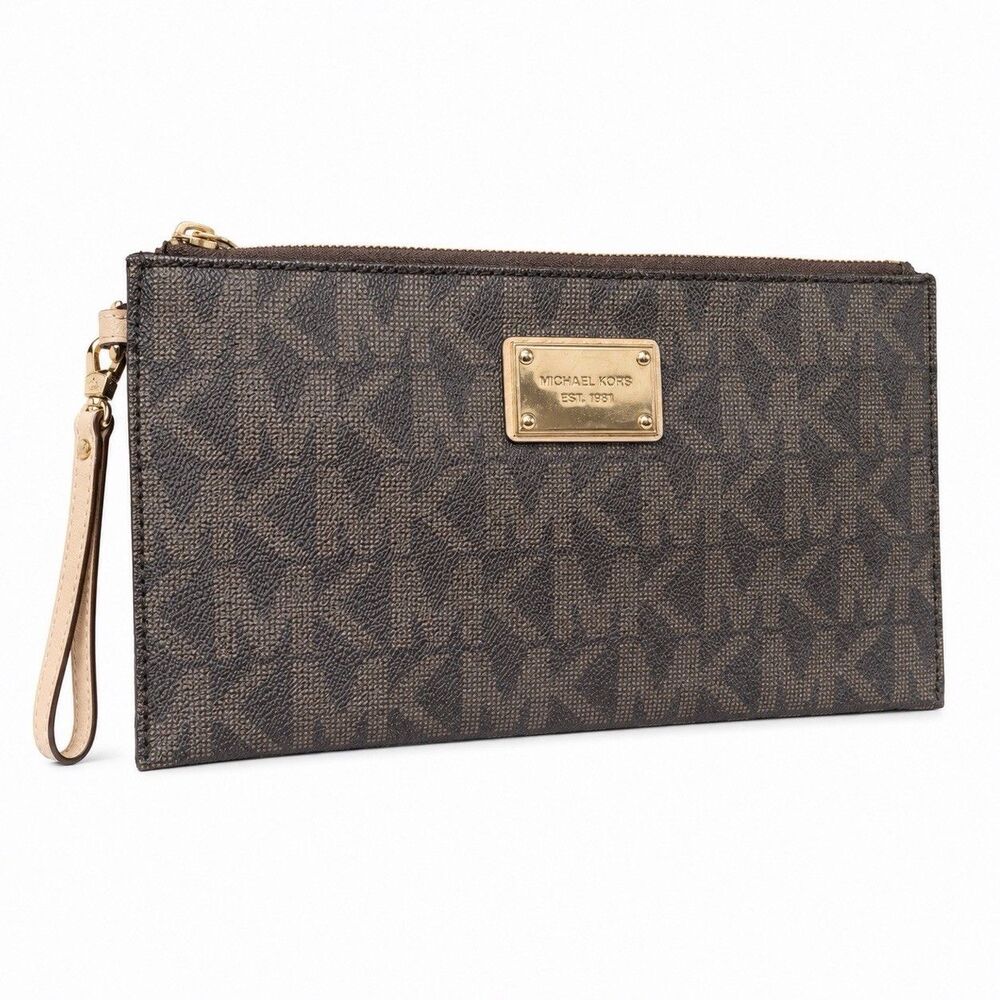 Michael Kors Brown MK Large Wristlet Clutch